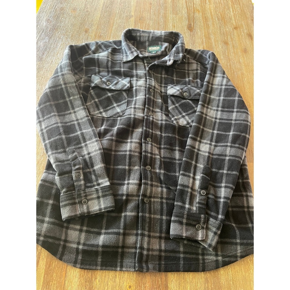 Outdoor Life Mens XL Fleece Plaid Button Down Shirt Gray Black Long Sleeve